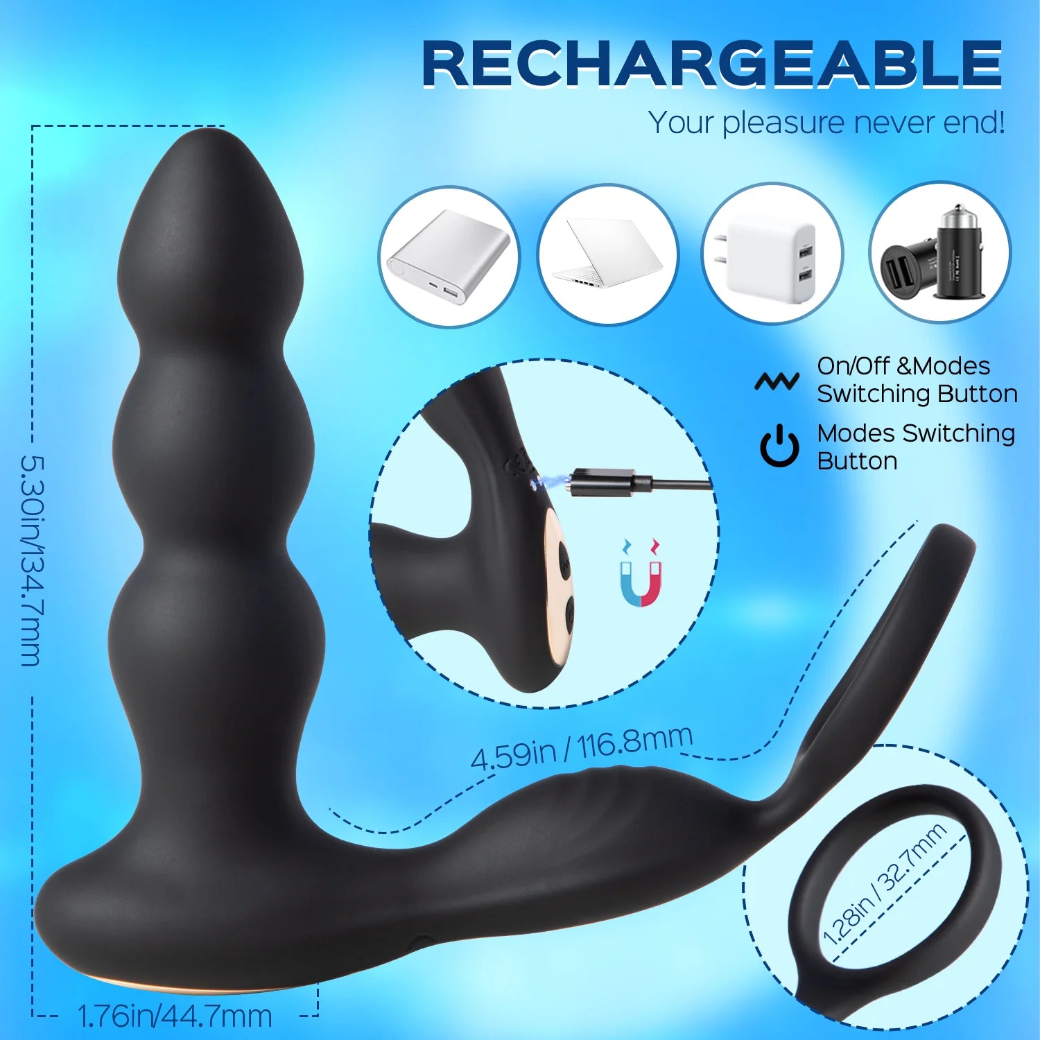 Ringer - Plug anal masseur de prostate à 3 perles anales avec anneau pénien et télécommande